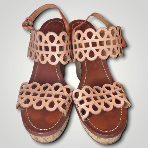 TORY BURCH Y2K VINTAGE BOHO CORK WEDGE LEATHER WESTERN SANDAL PLATFORM BROWN 8.5 - Picture 1 of 5
